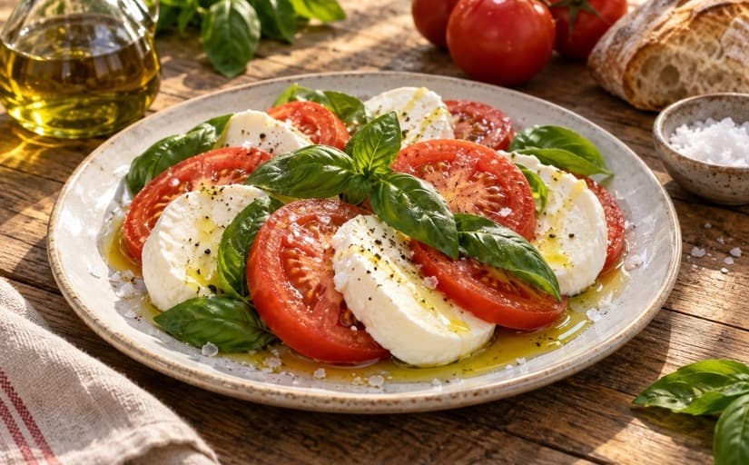 Ensalada caprese con tomate, mozzarella y albahaca